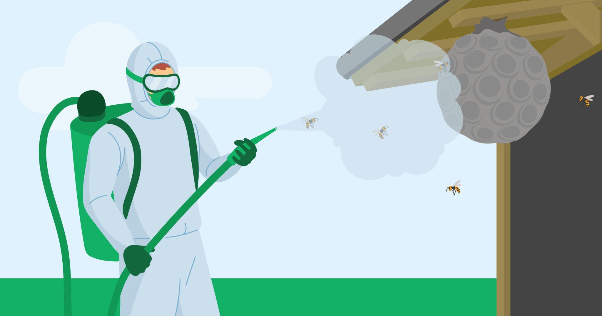 Graphic of Pest Defence worker dealing with wasps in the garden